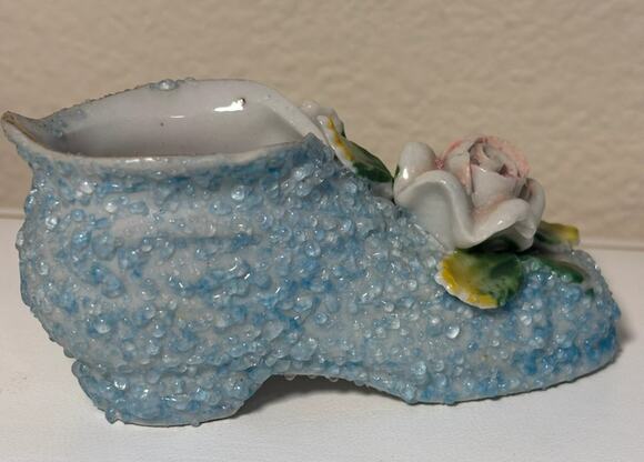 Source Unknown Other - Vintage Porcelain Beaded‎ Shoe Figurine Blue Moss Applied Rose Occupied JapaN